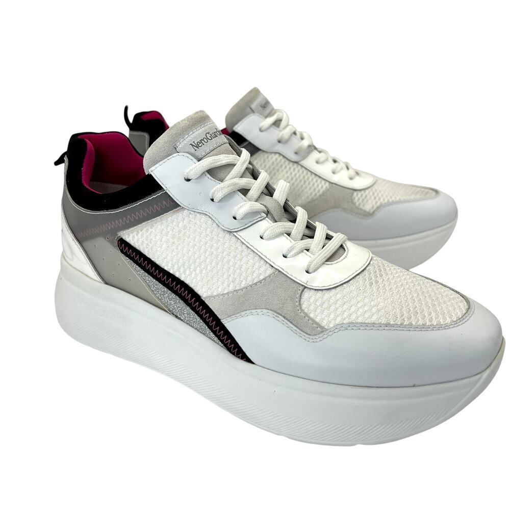 Nero Giardini Platform Sneakers Trainers White Pink Gray Lace Up Chunky 41 NEW